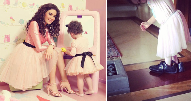 سيرين عبد النور تنشر صورة عفويّة لإبنتها وتاليّا تتنقل بحذاء والدها في المنزل