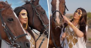 بالصور – منار بشور تختار الزي الإماراتي مع برقع من ليرات الذهب